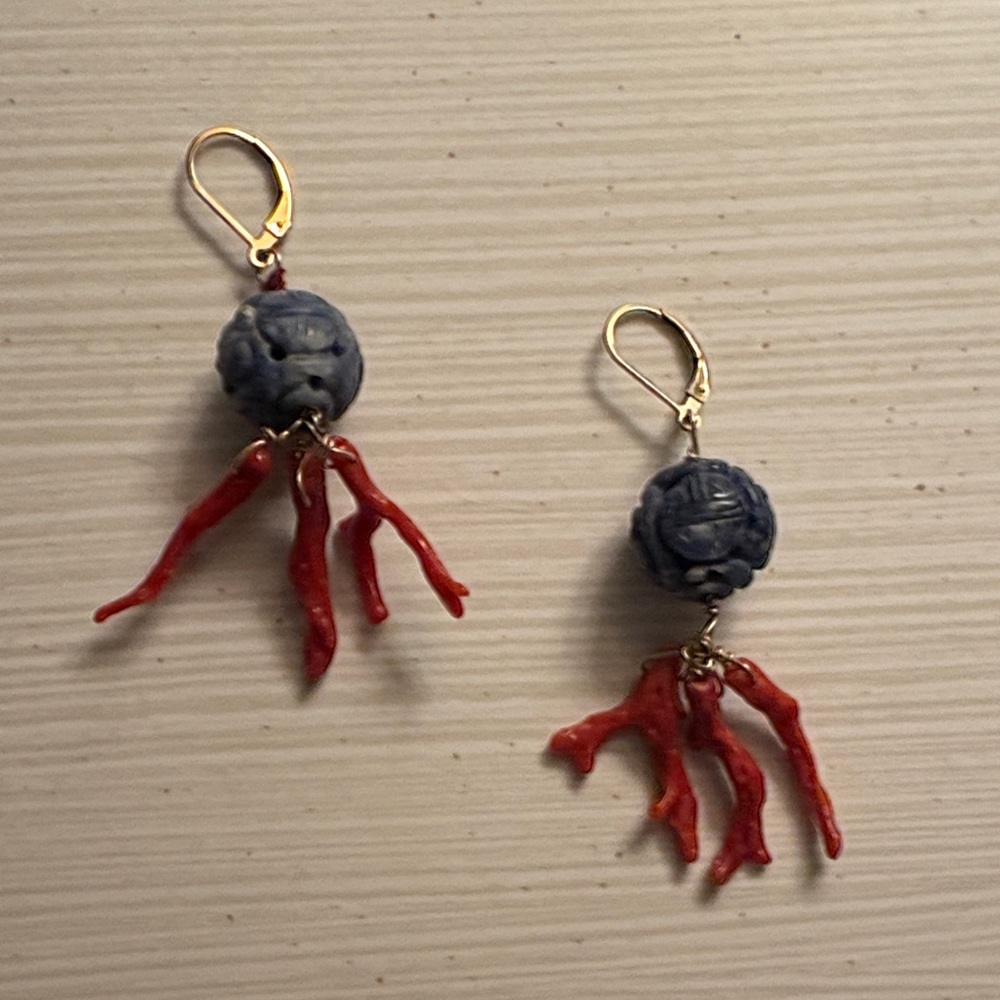 Blue Bead and Red Coral Dangle Earrings - Women Jewelry